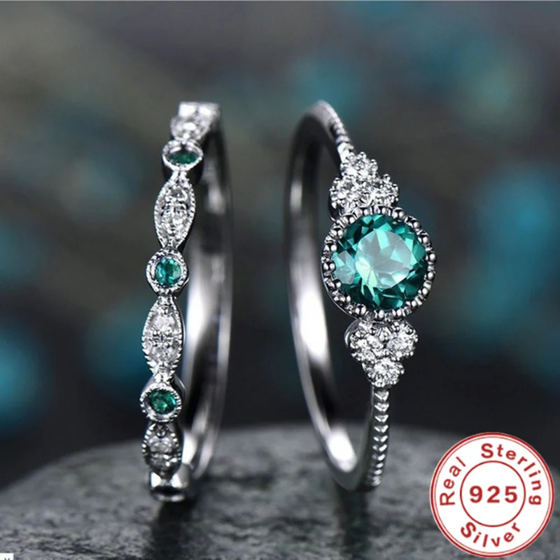 925 Sterling Silver Ring Set with Emerald Zircon Crystals for Women Engagement Wedding Glamour Jewelry Gifts 