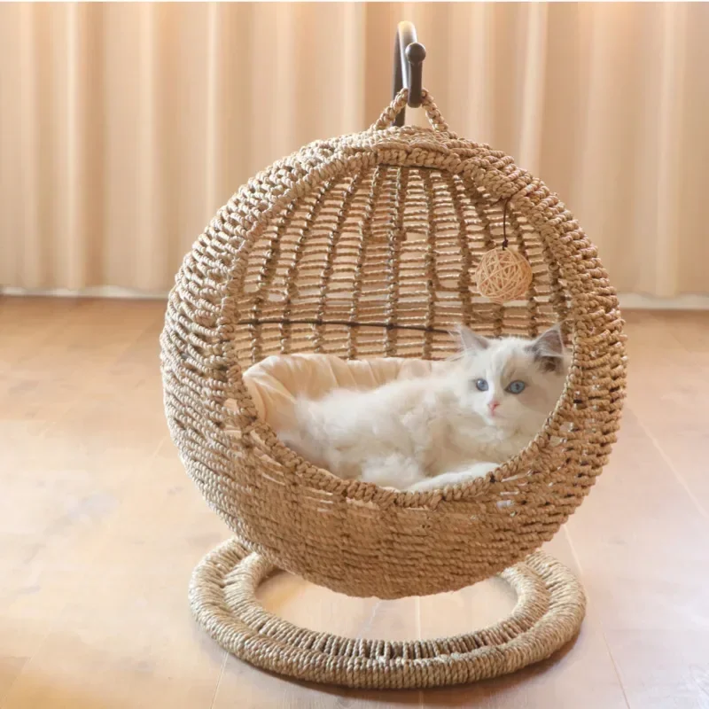 Web Celebrity Style Semi-closed Pet Hammock For Cats Round Cat's House Rattan Woven Summer Cat Hammock Cat Supplies