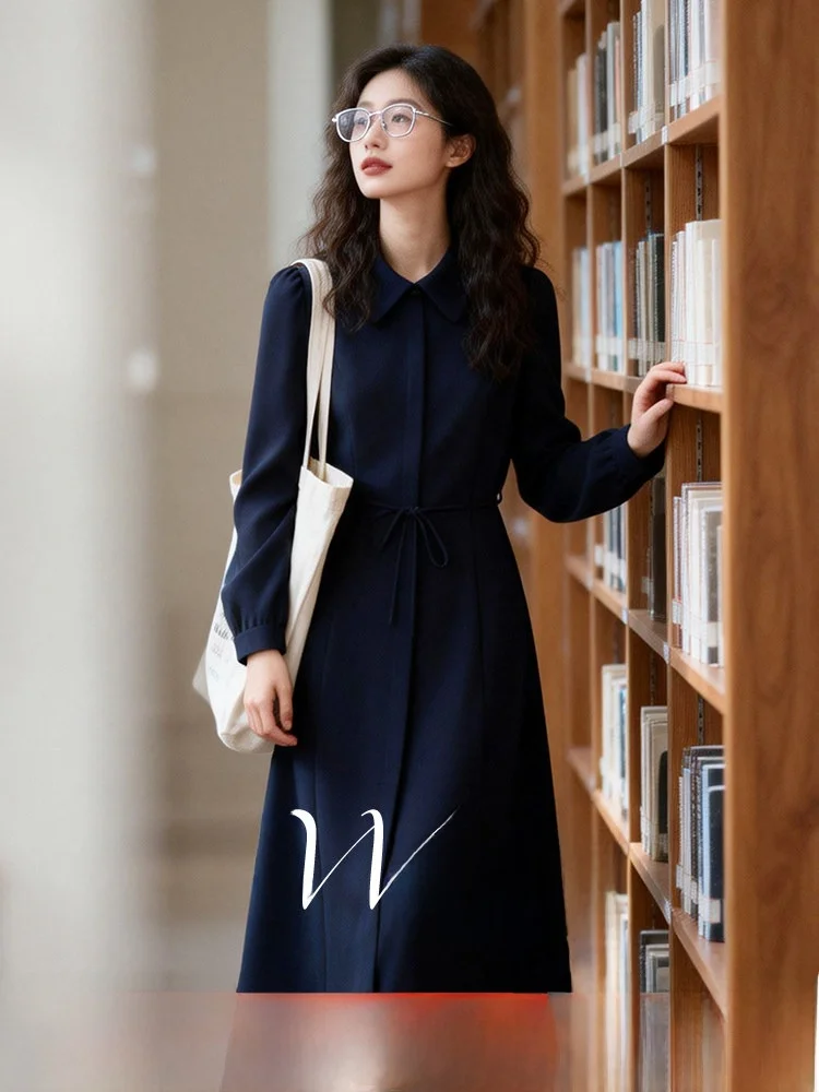 

Ele Vintage Collar Dr Women's plus Size Spring New Sle Belted Slimming Long Dr High Waist A-Line Polyester Fiber