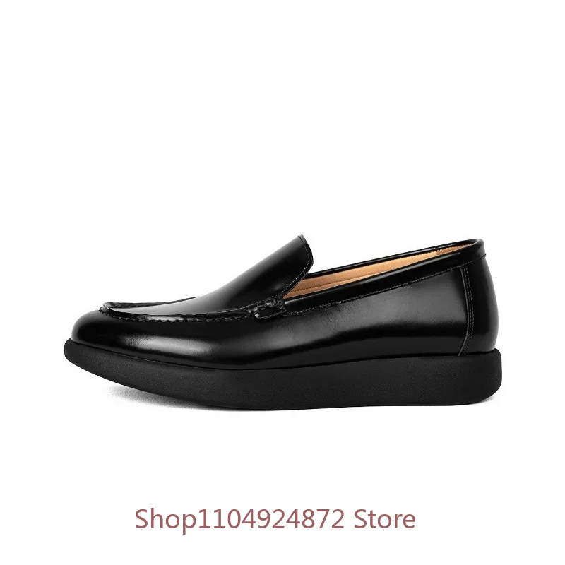 Men's Casual Leather Shoes Slip‑on  Dress Thick Sole Business Office Formal Loafer Shoes Male Walking Platform Flats Black
