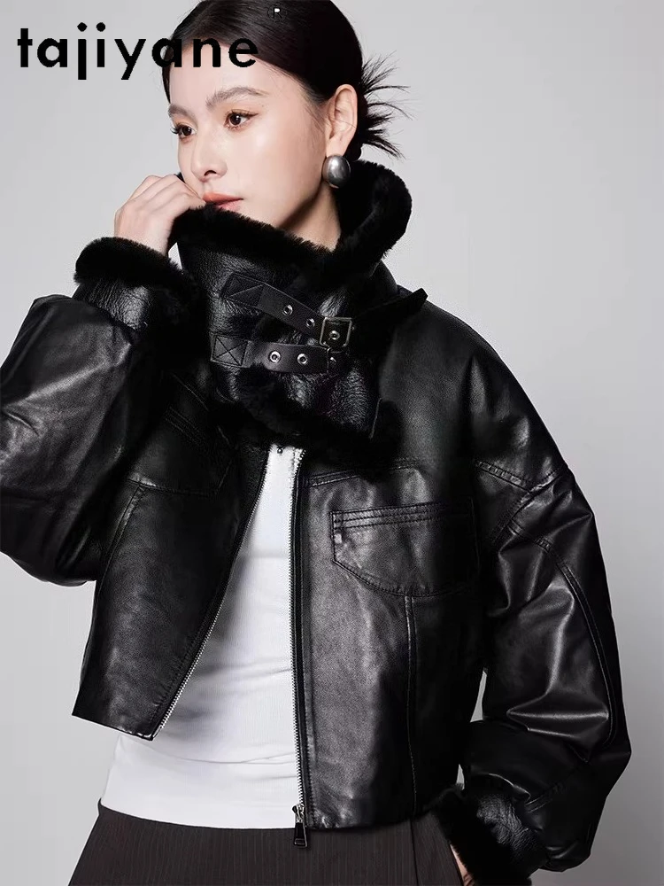 TAJIYANE Piumini d'oca in pelle di pecora Chic Colletto in lana Piumini Corti Giacca in vera pelle Donna 2025 Abbigliamento invernale шу sì
