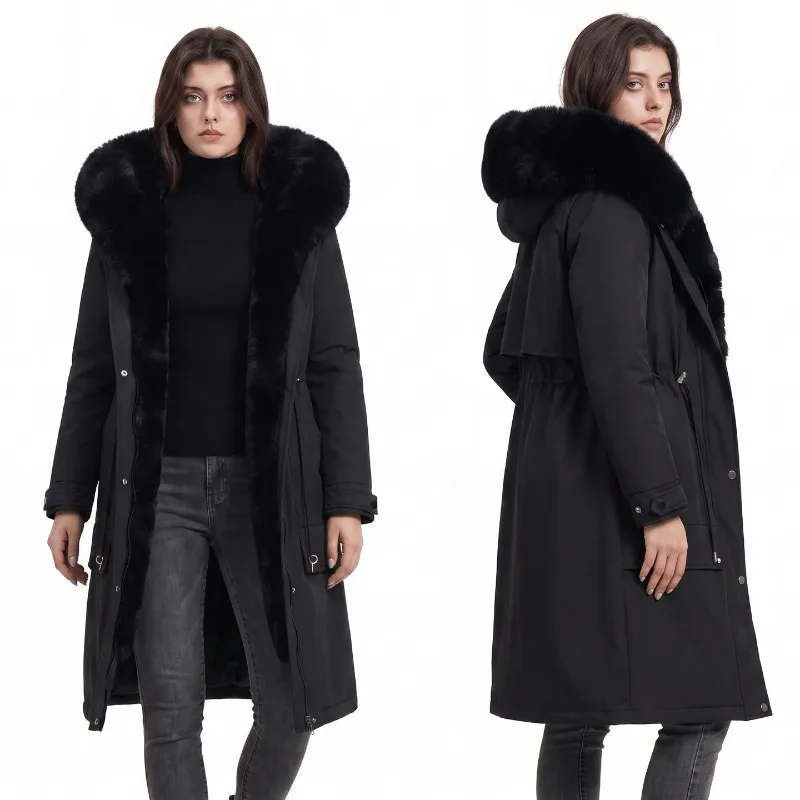 Winter Solid Women Coats Large Faux Fur Hood Parkas Long Sleeve Drawstring Waist Thickened Padded Windproof Warm Outerwear Trend