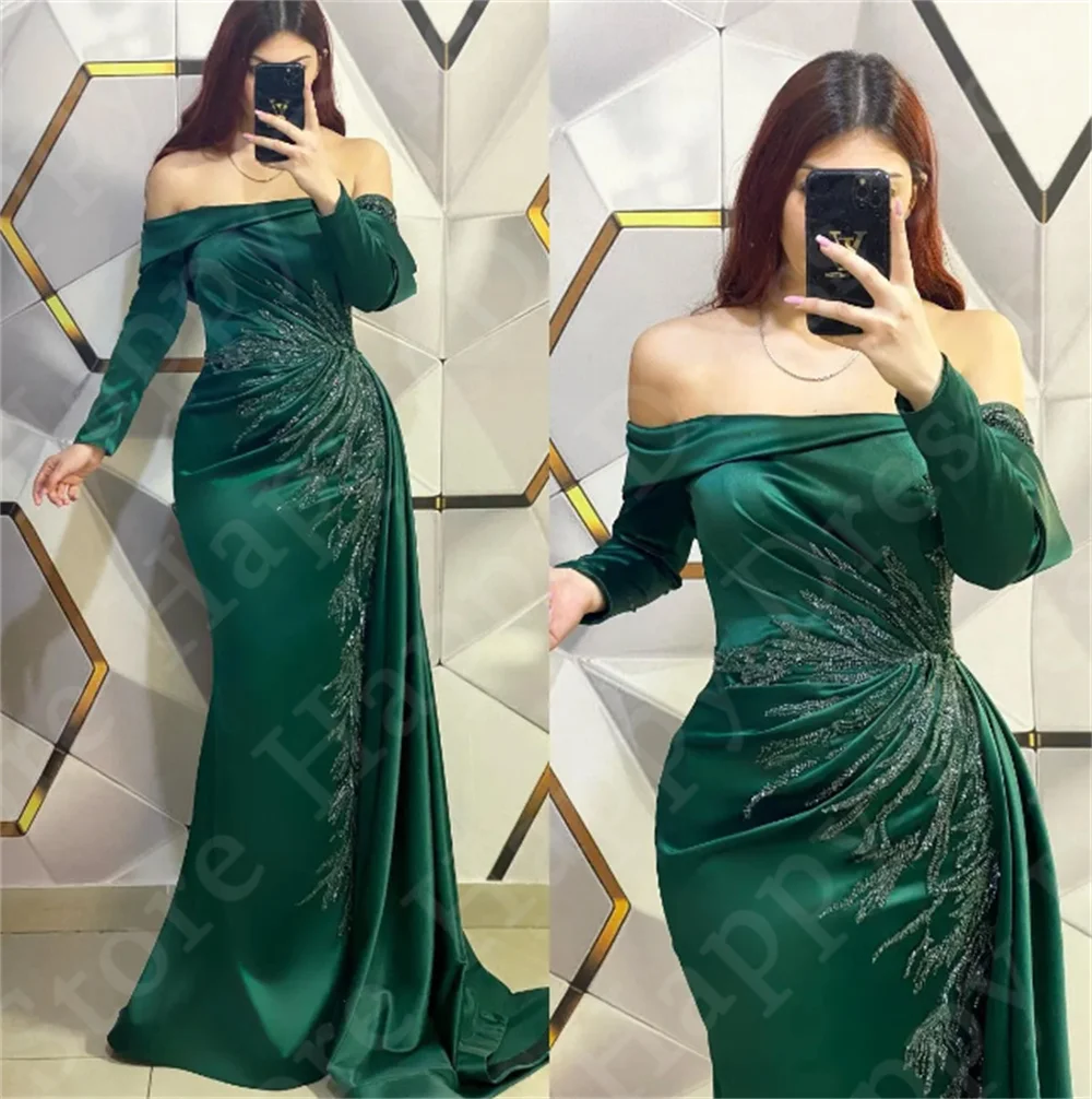 Green Boat Neck Formal Evening Dresss New Off-Shoulder Long Sleeves Beads Party Dress Custom Mermaid Satin Women Reception Dress