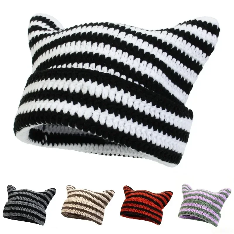 2023, jesienno-zimowa czapka w stylu Harajuku Little Devil Striped Knitted Hat Women Men Japanese Cute Cat Ears Cap Pointed Wool