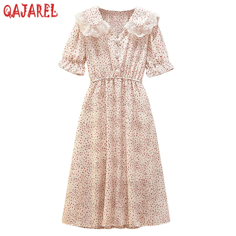 2024 rosa Druck Chiffon Puff ärmel Puppen kragen Midi Kleid Frauen Boho Mode lässig Strand Sommerkleid Sommer elegante figur betonte Kleid