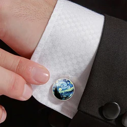 Van Gogh Oil Painting Glass Alloy Cufflinks Starry Night Sunflower Set Cufflinks Men's Shirt Cuff Nails Button Accessories