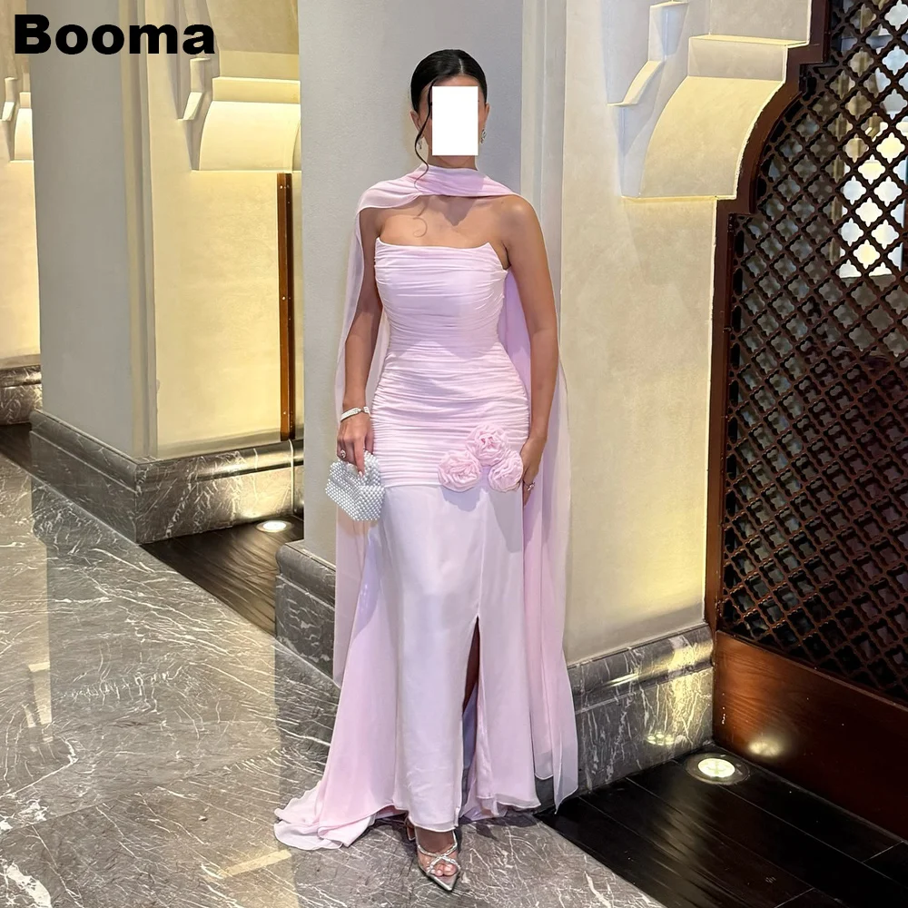 

Booma Mermaid Evening Dresses Chiffon Sleeveless 3D Flowers Side Sllt Wedding Guest Dress for Women Cape Formal Gowns Customized