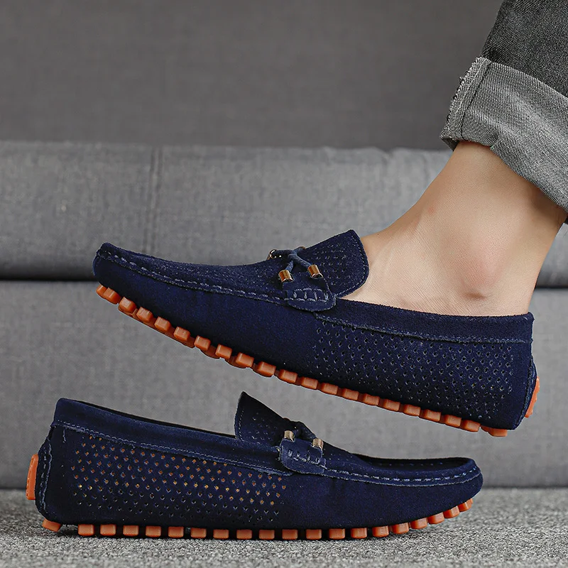 2026 Summer Men Casual Shoes Luxury Brand Genuine Leather Mens Loafers Moccasins Hollow Out Breathable Slip on Driving Shoes