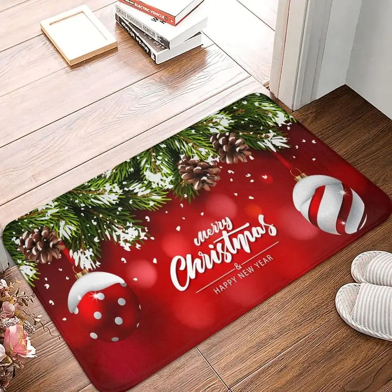 VIKAMA Holiday Doormat Red Xmas Pine Branch Bauble Snow Dot Pattern Anti Slip Rug For Entryway Hallway Xmas Home Decor