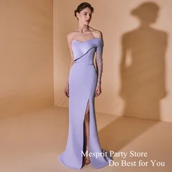 Lilac Prom Dress One Shoulder Long Sleeve Beading Stone Slit Sweep Train Robe De Soiree Mermaid Evening Dresses Dubai Party Gown