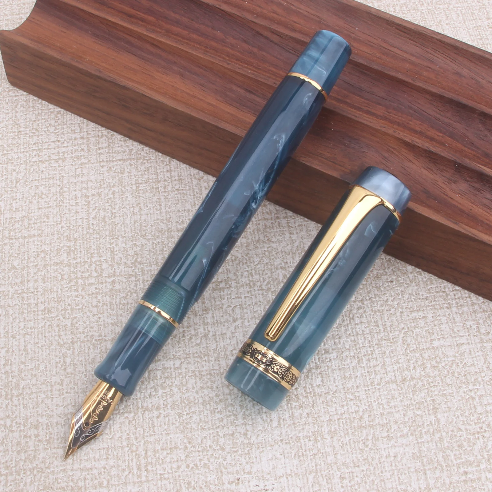 Kaigelu 316 Long Knife Blade Fountain Pen Acrylic Blue Marble Amber Large Ink Capacity Writing Gift for Students Office