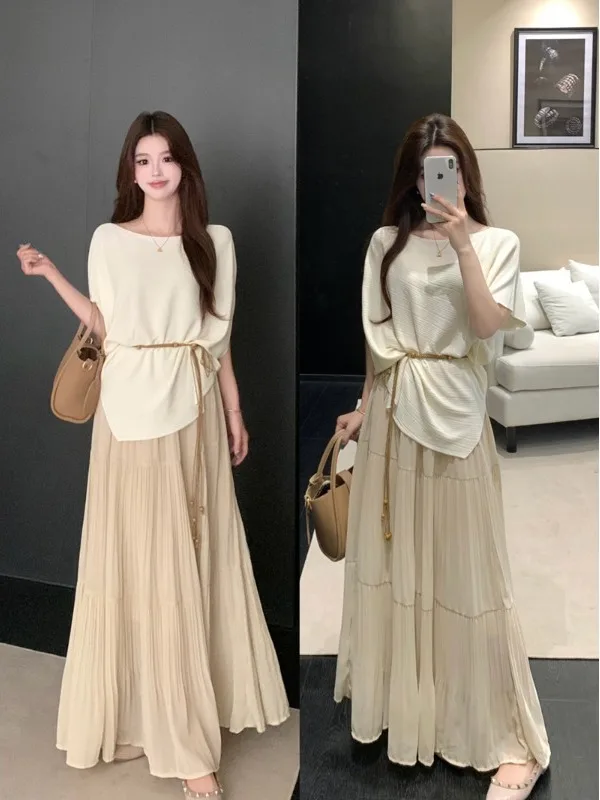 

Laid-back Style Women's Summer Loose Knitted Uneven Top Pleated Maxi Skirt Two-piece Set High Waist Color Commute Fashion