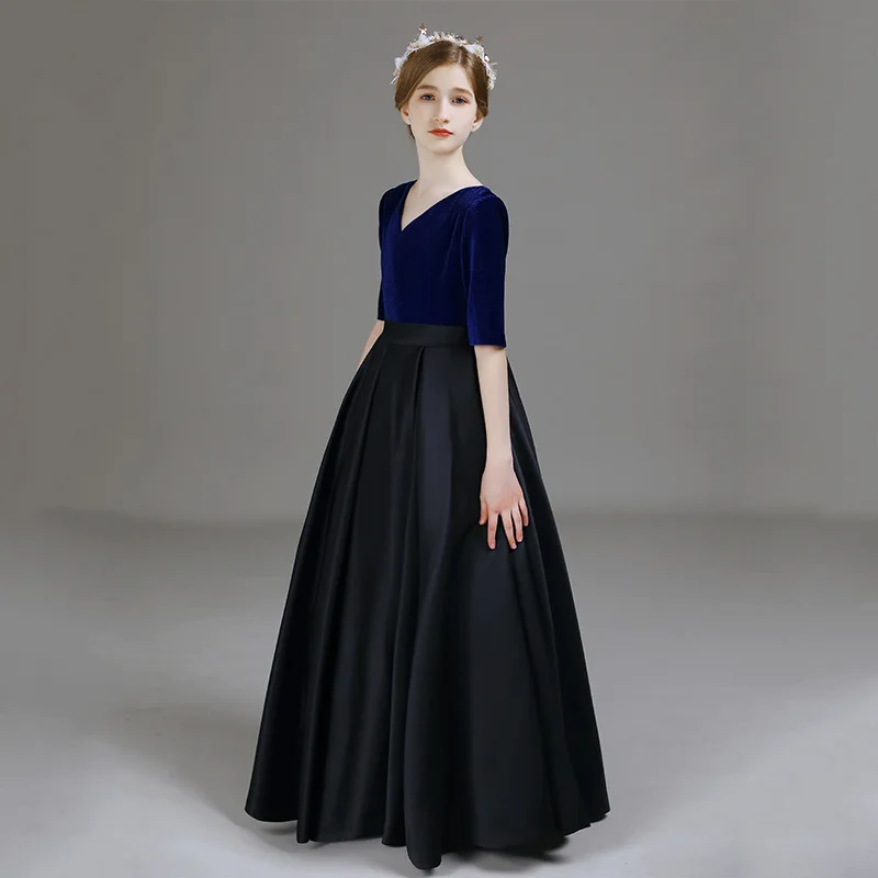 Little Girls Formal Piano Performance Dress Children Velvet V-neck Long Half Sleeve Party Gown Teen Kids Elegant Evening Dresses