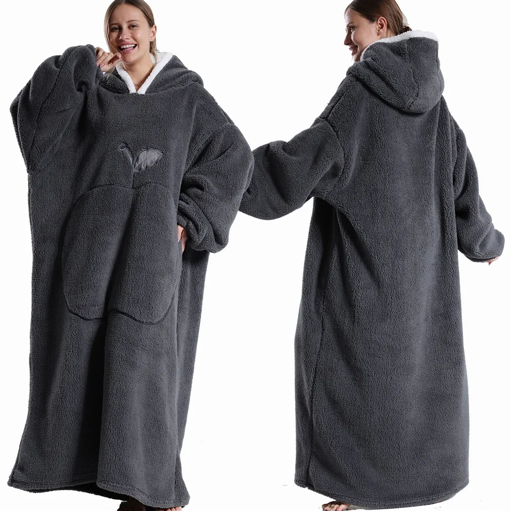 

Extra Long Wearable Blankets Winter Flannel Hooded Blanket With Full Sleeves Men Women Cozy Soft Throw Adult TV Blanket
