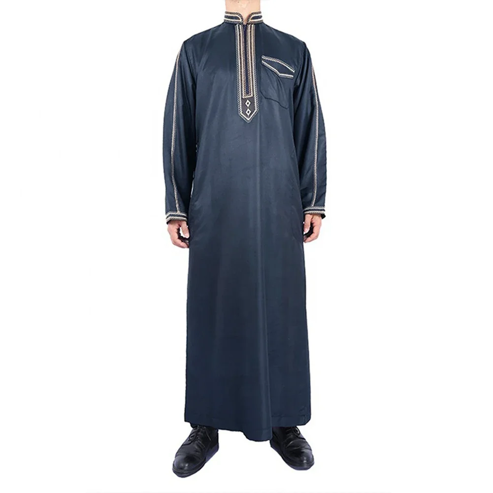 Busana liburan nyaman pria jubah pakaian kasual lengan panjang longgar Muslim sedikit meregang warna Solid kerah berdiri