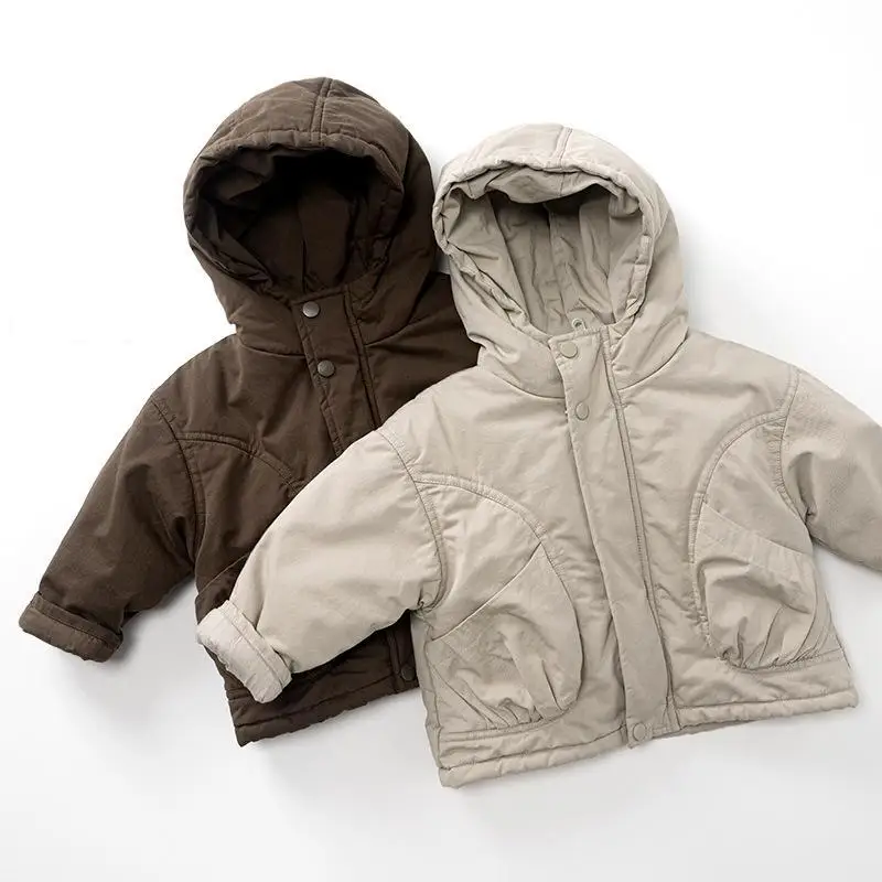2026 Winter New Children Warm Hooded Coat Boys Girls Cotton Padded Jacket Solid Baby Parka Kids Plus Velvet Thick Outerwear