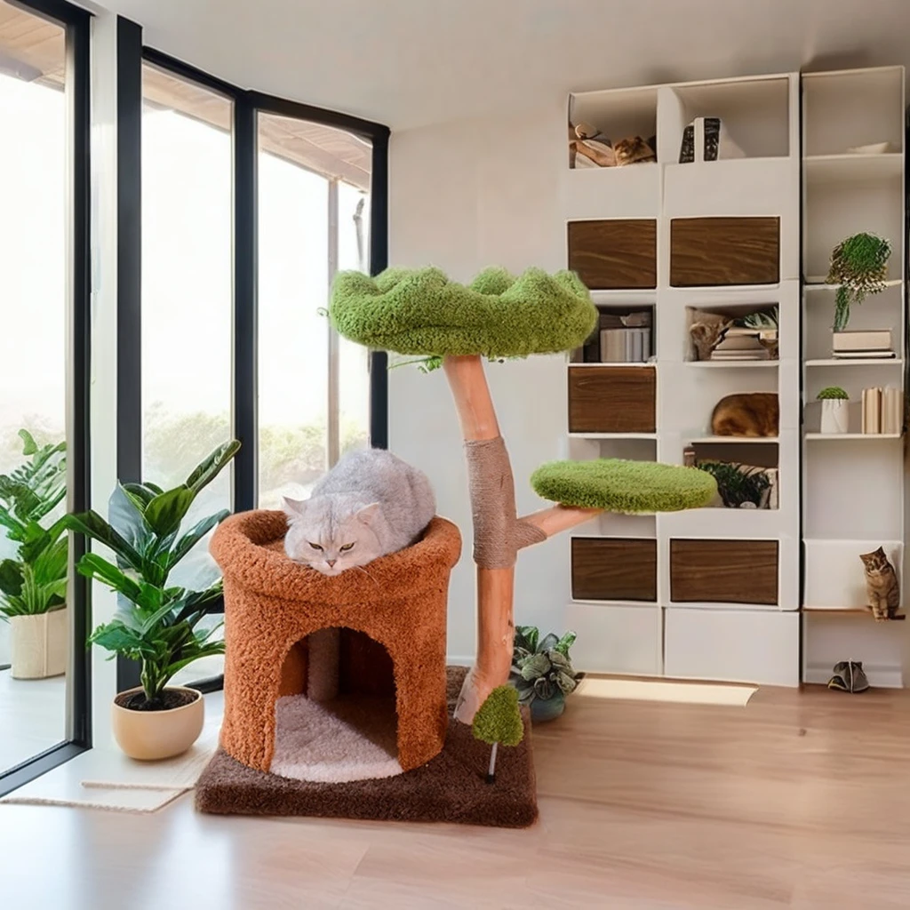

Natural and Environmentally Friendly Modern Wooden Cat Tree with Integrated Nest and Natural Fruit Wood and Sisal Pillar Cat Bed