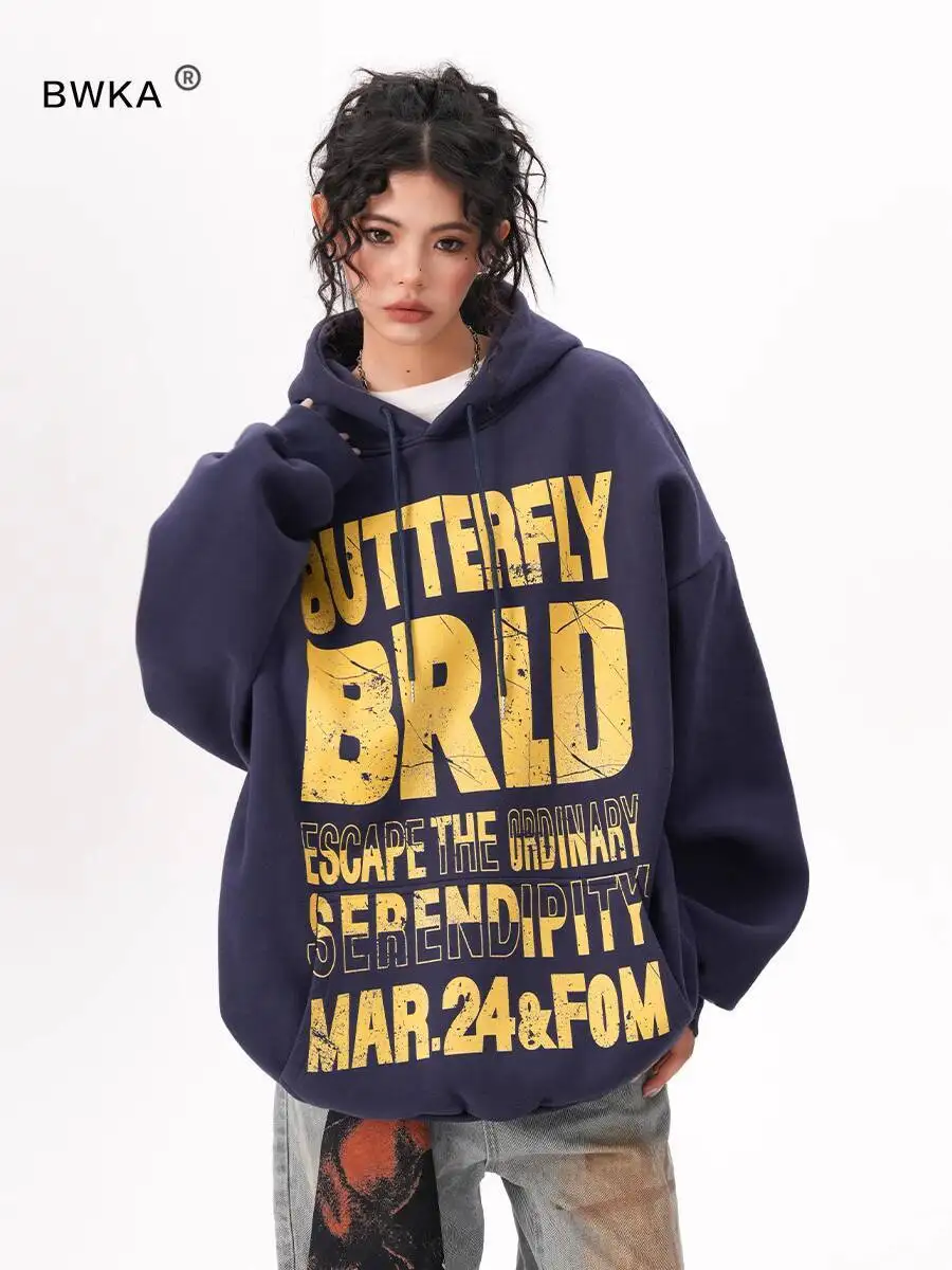 

2025 Autumn New! BWKA Women's American Retro Hoodie Distressed Letter Print Heavyweight Streetwear Loose Navy Blue
