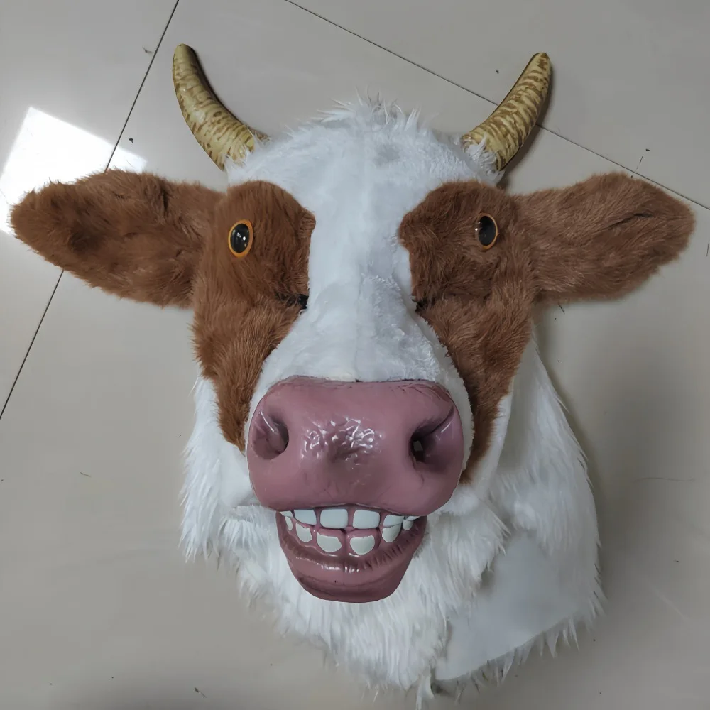 Pelzige Kuhmaske für Erwachsene, Naturlatex Tier-Vollkopfmaske für Halloween, Cosplay und Kostümpartys – Detail 4