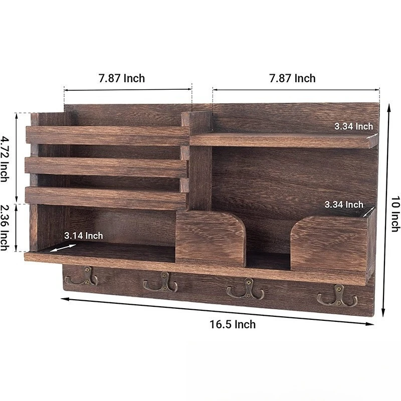 Multifunctional Wooden Wall Storage Rack Entryway Key Coat Hanger Decorative Shelf for Glasses Sundries 3