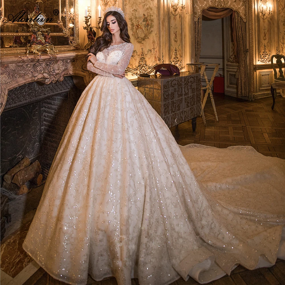 

Alonlivn Gorgeous Bling Lace Full Sleeves A-Line Wedding Dresses Luxury Beading Pearls Embroidery Full Sleeves Bridal Gowns