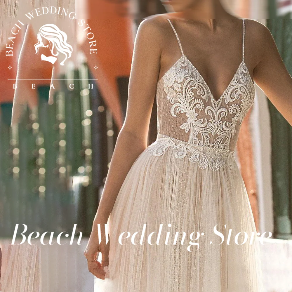 

Beach Customized Sleeveless Sexy Spaghetti Straps Wedding Lace Appliques Backless Tulle Robe De Mariee Court Train A Line Women