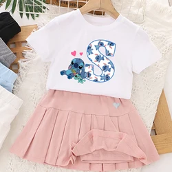 Disney Stitch Girls Skirt Set Cute Kawaii T-shirt Spódnice Dwuczęściowy garnitur Anime Cartoon Odzież dziecięca Letnia odzież codzienna