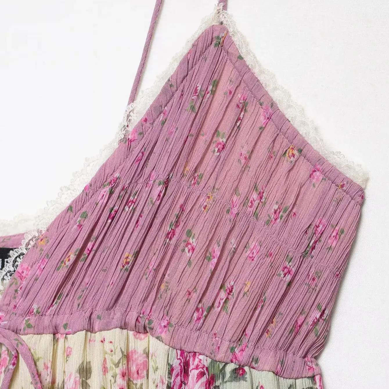 2025 BOHO Women Patchwork Pink Floral Print Chiffon Sling Dress Tassel Bow V neck Ruffles Hem Loose Long Dresses Holiday Robe