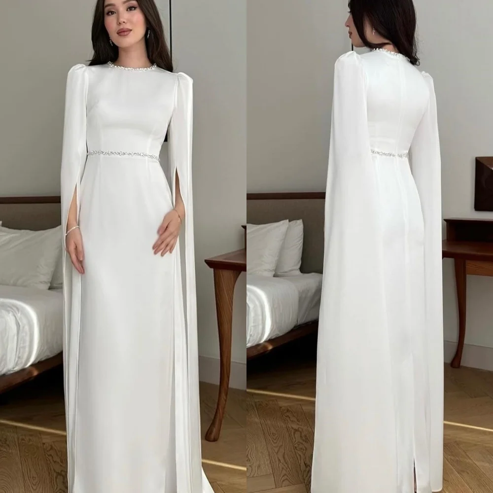 

Customized High Quality White Satin Evening Dress Exquisite Crew Neck Puff Sleeves Short Sleeves Zipper Back Crystal Prom Dress