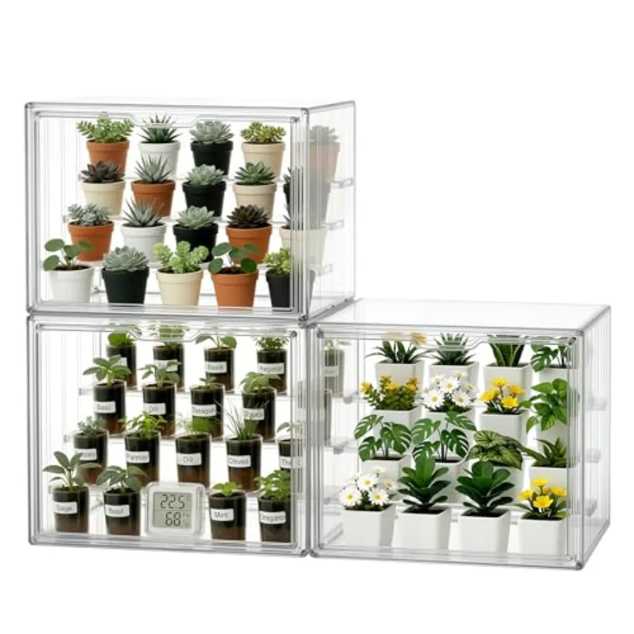 

Indoor tabletop mini greenhouse for small plants nursery, clear plastic with magnetic door adjustable drainage dividers, stacka