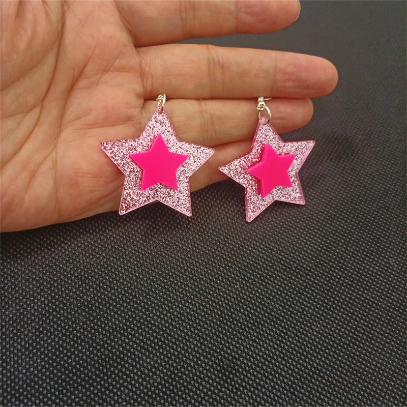 KUGUYS Double Stars Dangle Earring for Women Glitter Pink Acrylic Cute Fashion Jewelry Accessories