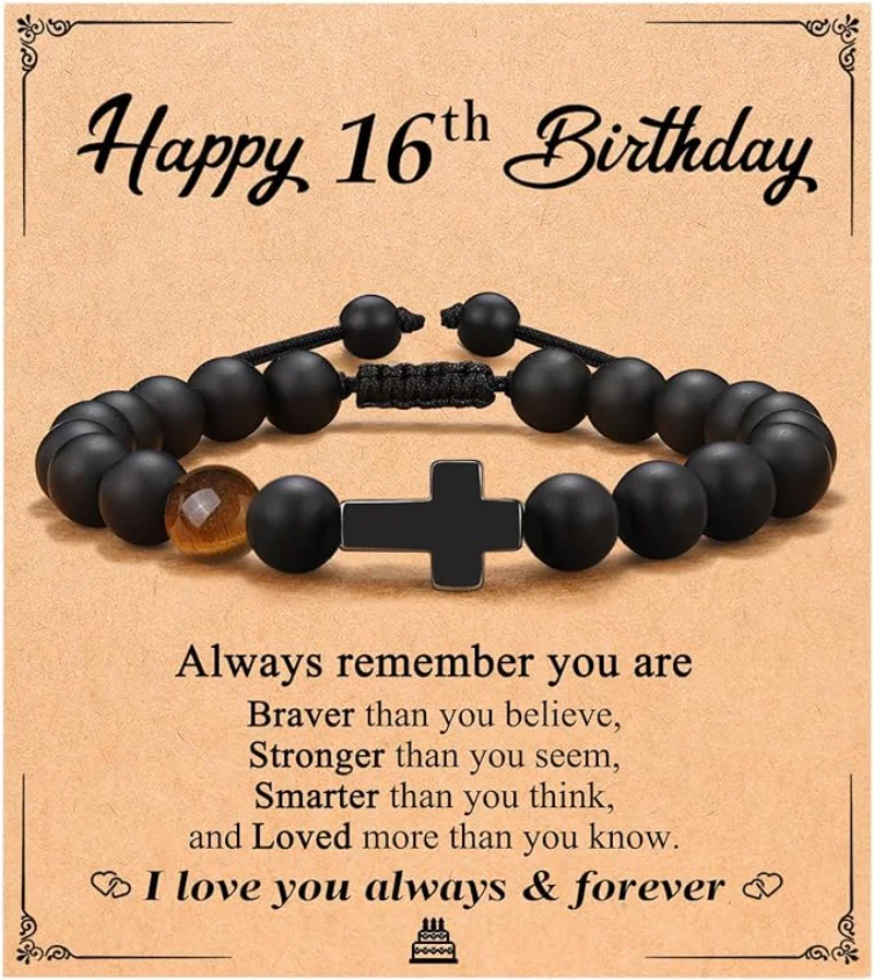 10th-60th Birthday Gifts Black Frosted Tiger Eye Gemtone Cross Bracelets for Boys Men Son Grandson Boyfriend Dad Grandpa Friend