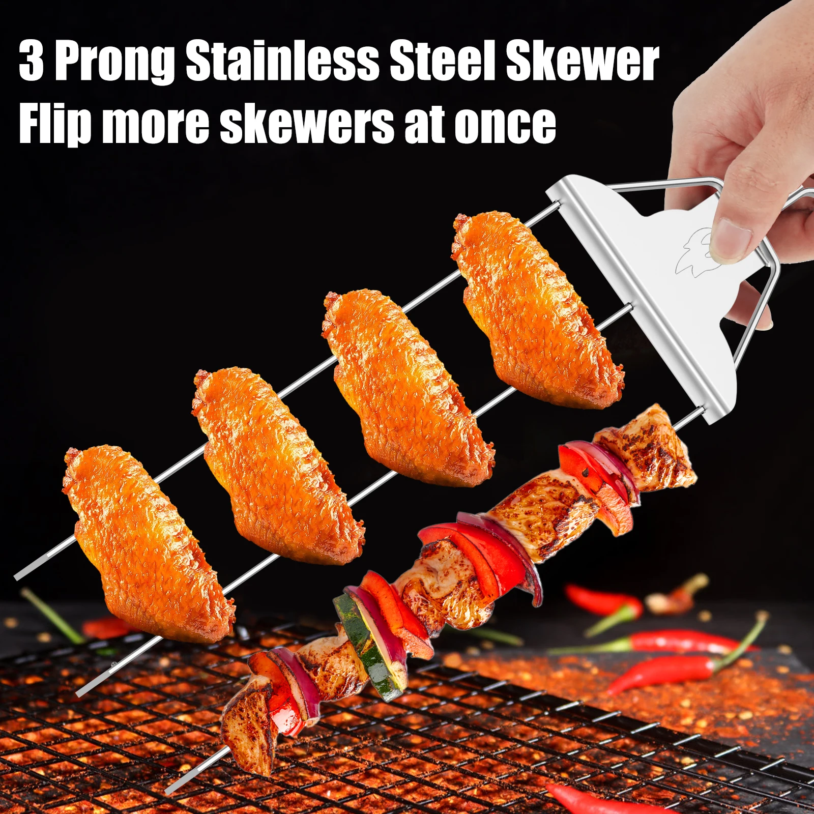 3Pcs 3Prong Skewers with 2Skewer Rack Stainless Steel Kabob Skewers 3Way Grill Skewers Metal Grilling Skewers BBQ Grill Skewers