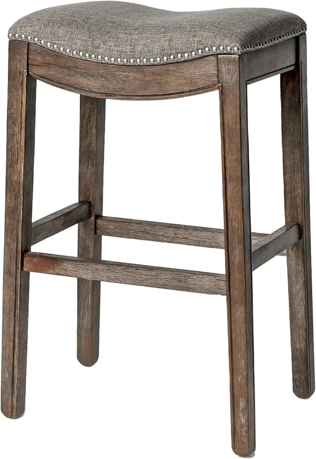 

Adrien Backless Bar Stool – 31 Inch Saddle Seat with Footrest – Brown Solid Wood Frame & Grey Fabric Upholstery – Ideal fo