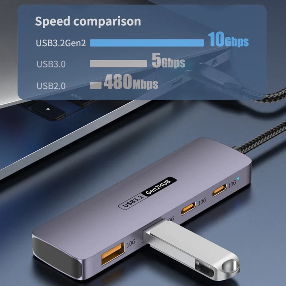 Alta Velocidade USB Hub Extensão Splitter, 10Gbps, USB 3.2 Gen2, Acessórios para Notebook para PC, Xiaomi, Macbook Pro Air, iPhone 15