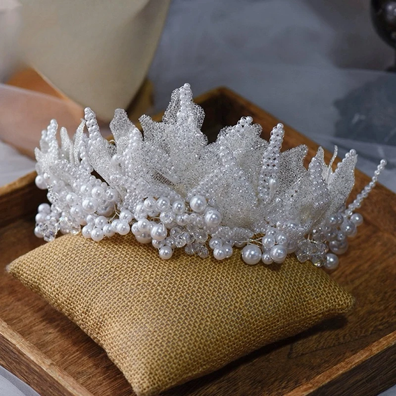 Bridal Wedding Dress Crown Headdress White Gauze Hair Accessories Pure Handmade Beaded Shiny French Hairband  Set