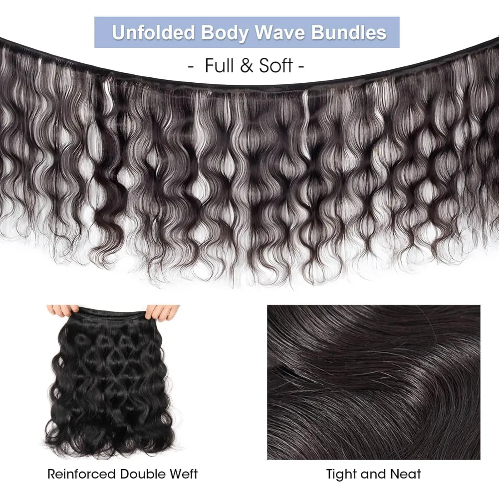 Bundles brésiliens de cheveux humains avec fermeture, vague de corps, dentelle 13x4, noir naturel, document 1B 100%, non transformés