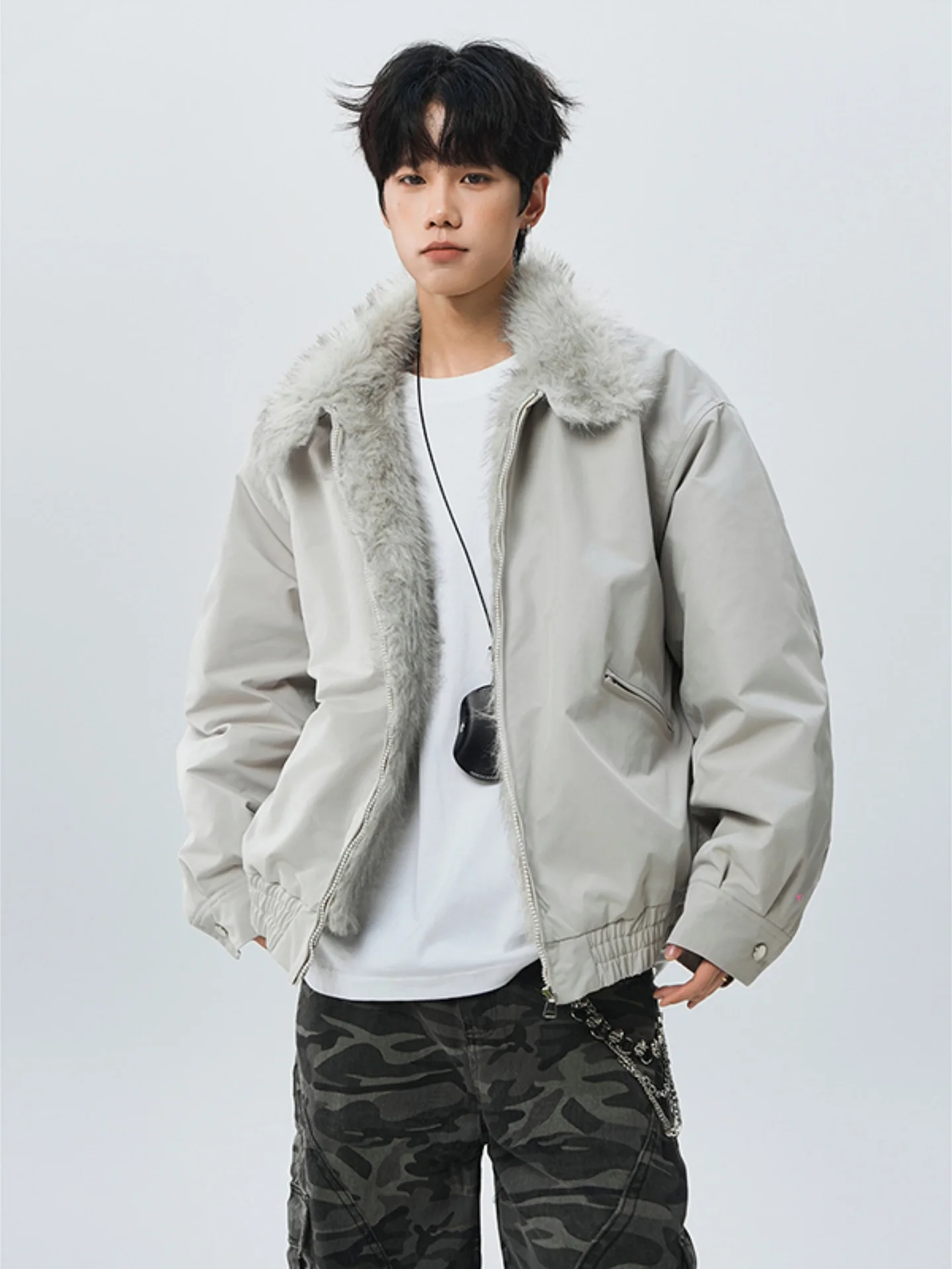 

Men's Thiened Cotton Jaet Lamb Velvet Stand Collar Warm Winter Outerwear Faionable Youthful Polyester Fiber Long Sve