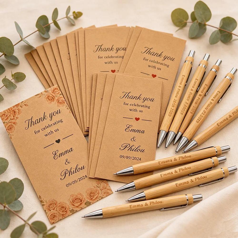 24 Sets Customizable Pens Custom Engraved Bamboo Pen & Thank You Card Set ，Wedding/Birthday Gift /Baptism Guest  Gift