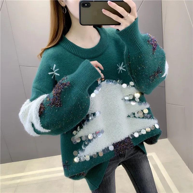 Winter Christmas Sweater Knit Coats Women\'s Sweater Pullover Couple Outfit Korean Fashion Loose Sequins Jacquard New