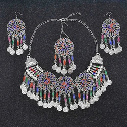 3 PCS Colorful Crystal Women Necklace Earrings Sets Coins Tassels Carved Hollow Bohemian Jewelry Sets Boho Ethnic Sets Female
