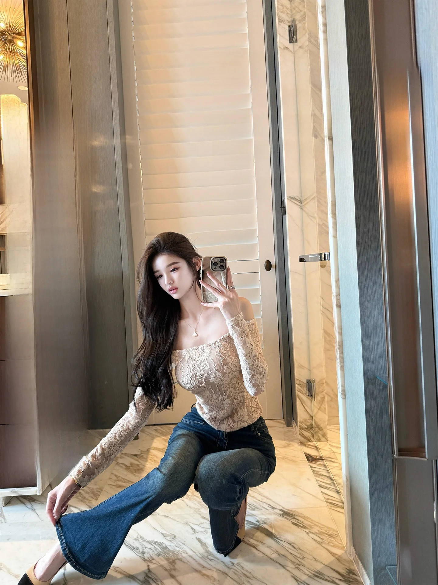 

Nude Pink Lace Long Sve One oulder T-irt Women's Slim Fit Sexy Sle Nylon Fabric Floral Pattern ort Length Top