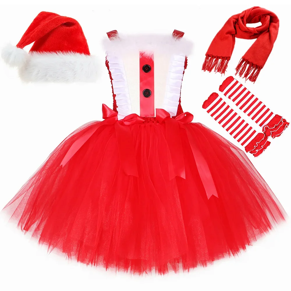 Girls Christmas Dress Santa Claus Costume for Kids Clothes Red New Year Xmas Party Tutu Princess Dress Outfits Children Clothing