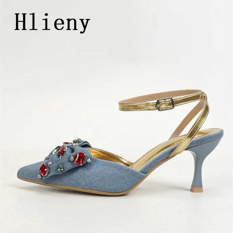 Hlieny Lente Vrouwen Pumps Enkelbandje Sandalen Modieuze Kleur Diamant Strik Puntige Neus Hoge Hakken Feest Stripper Schoenen