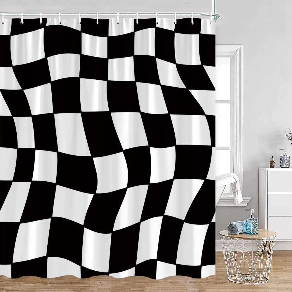 Colorful Distorted Checkerboard Shower Curtain for Modern Bathroom, Abstract Black White Geometric Pattern Waterproof Decor