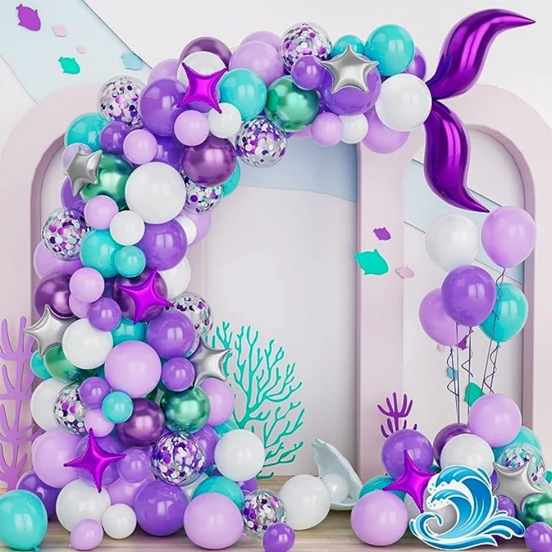 118Pcs A set of mermaid themed balloon arch set, mermaid tail silver star foil balloon birthday wedding party decoration