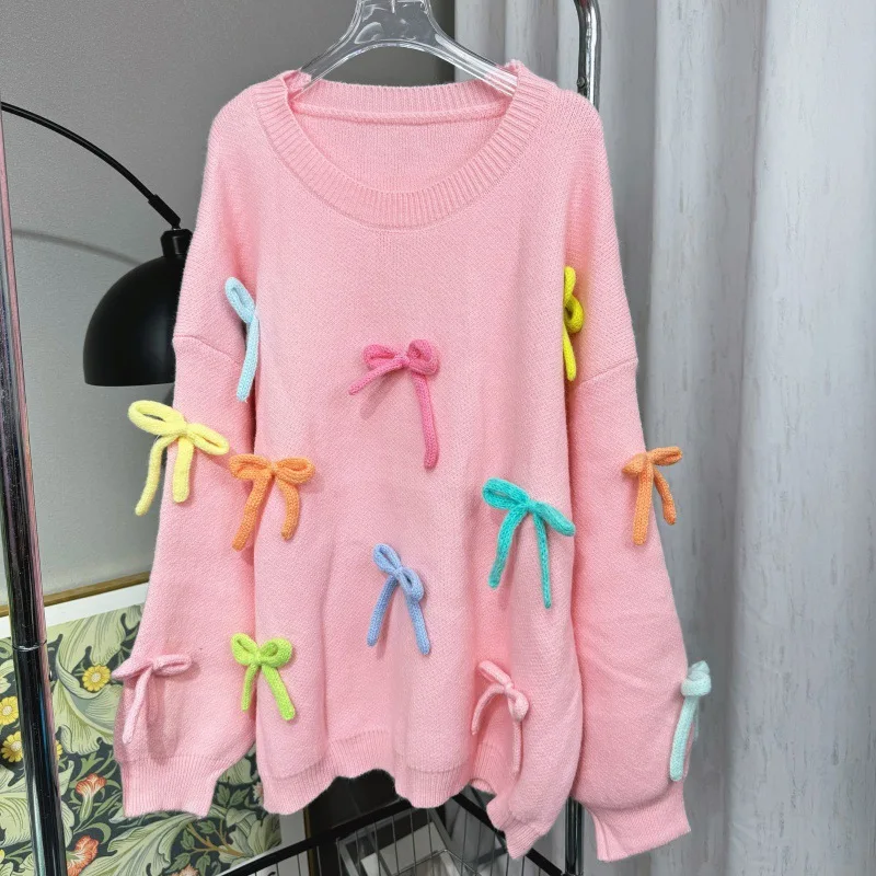 Large Size Sweater Women Autumn and Winter New Loose Bow Knitted Sweatshirt Jumper Women Korean Fashion Sweet Pink Sweater Coat