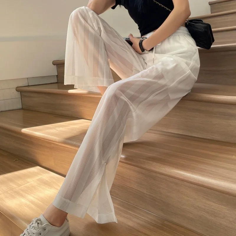 Korean Fashion One Size 90s Clothing Stripe Trousers for Women Straight Leg Transparent Wide with Slits White Womens Pants Mesh