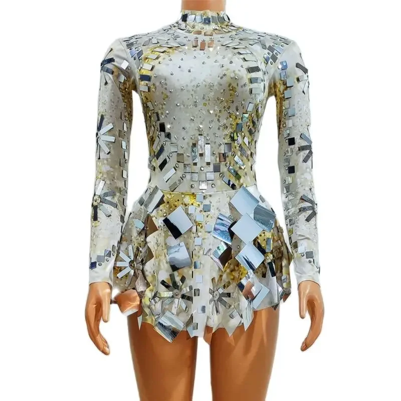 Vestido de fiesta con espejos Flash para mujer, vestidos de noche para fiesta, minivestido elástico de manga larga, disfraz de bailarina y cantante XS6910