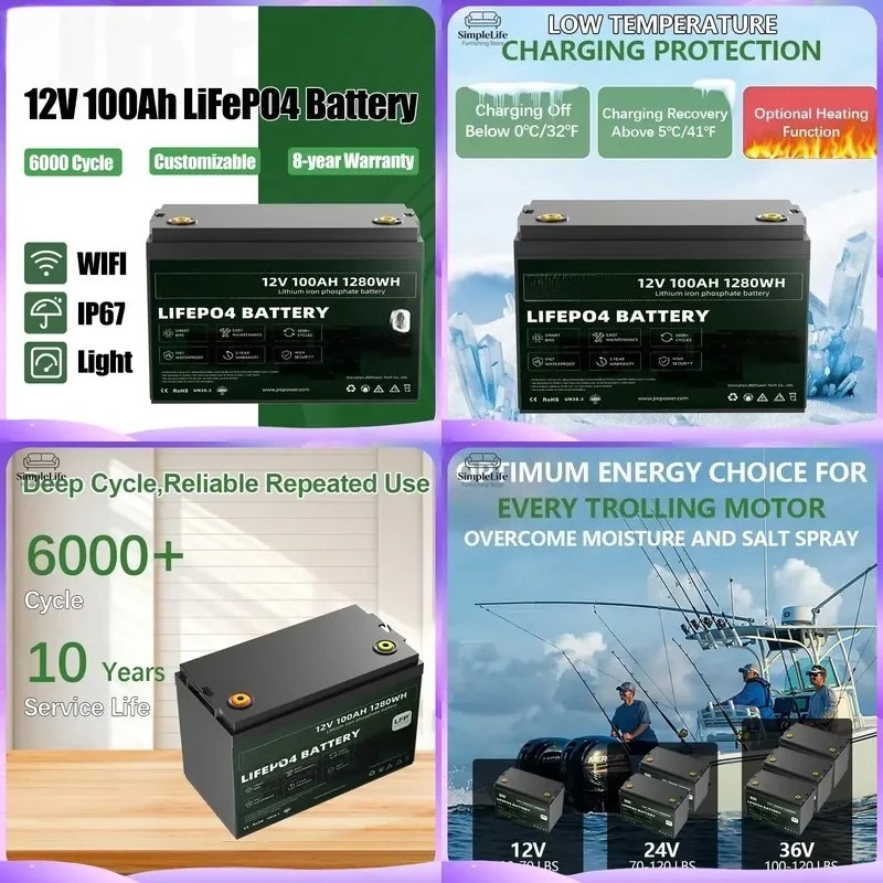 12V 100Ah LiFePO4 Battery Deep Cycle Lithium Iron Phosphate Solar Energy Storage Power Bank for RV Camper Marine Off Grid